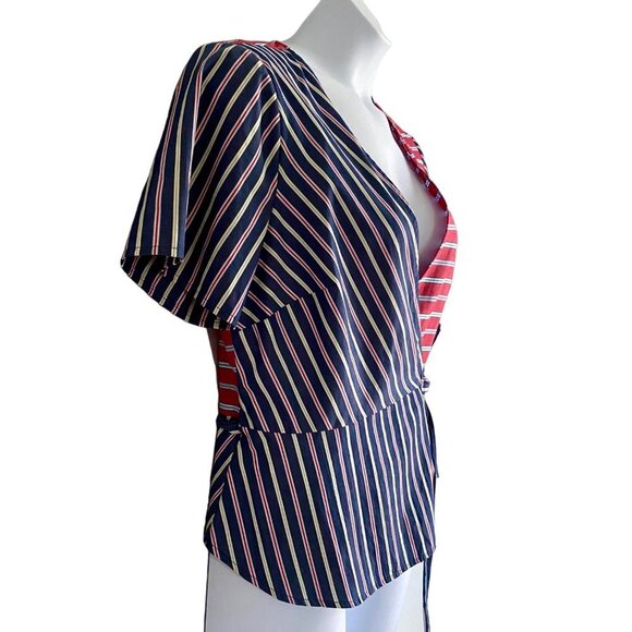 BCBGeneration Mixed Striped Cotton Wrap Top Women's Large Red Blue NEW NWT - Picture 4 of 9